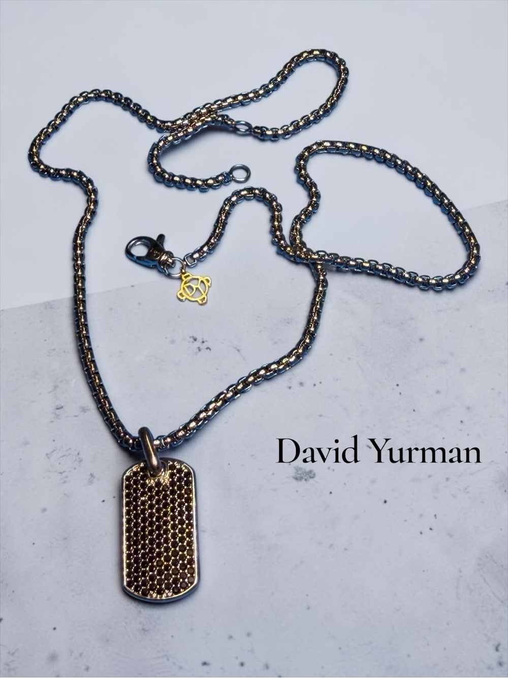 David Yurman 925 Sterling Pavé Dog Tag Necklace w/ Black Diamonds
